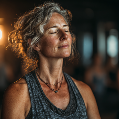 Група літніх людей займається йогою в світлій студії