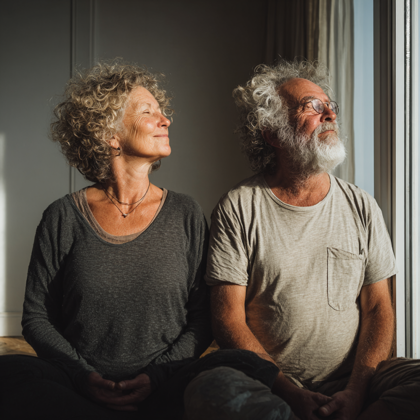 Інструктор йоги працює з групою літніх людей